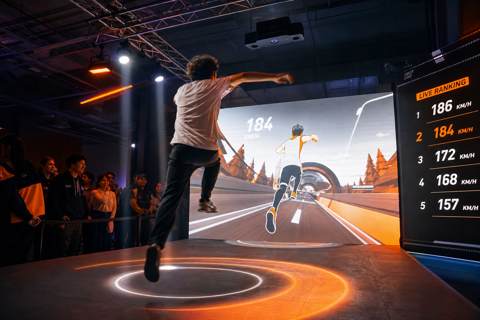 Juego kinético: participante frente a LED con personaje y ranking.