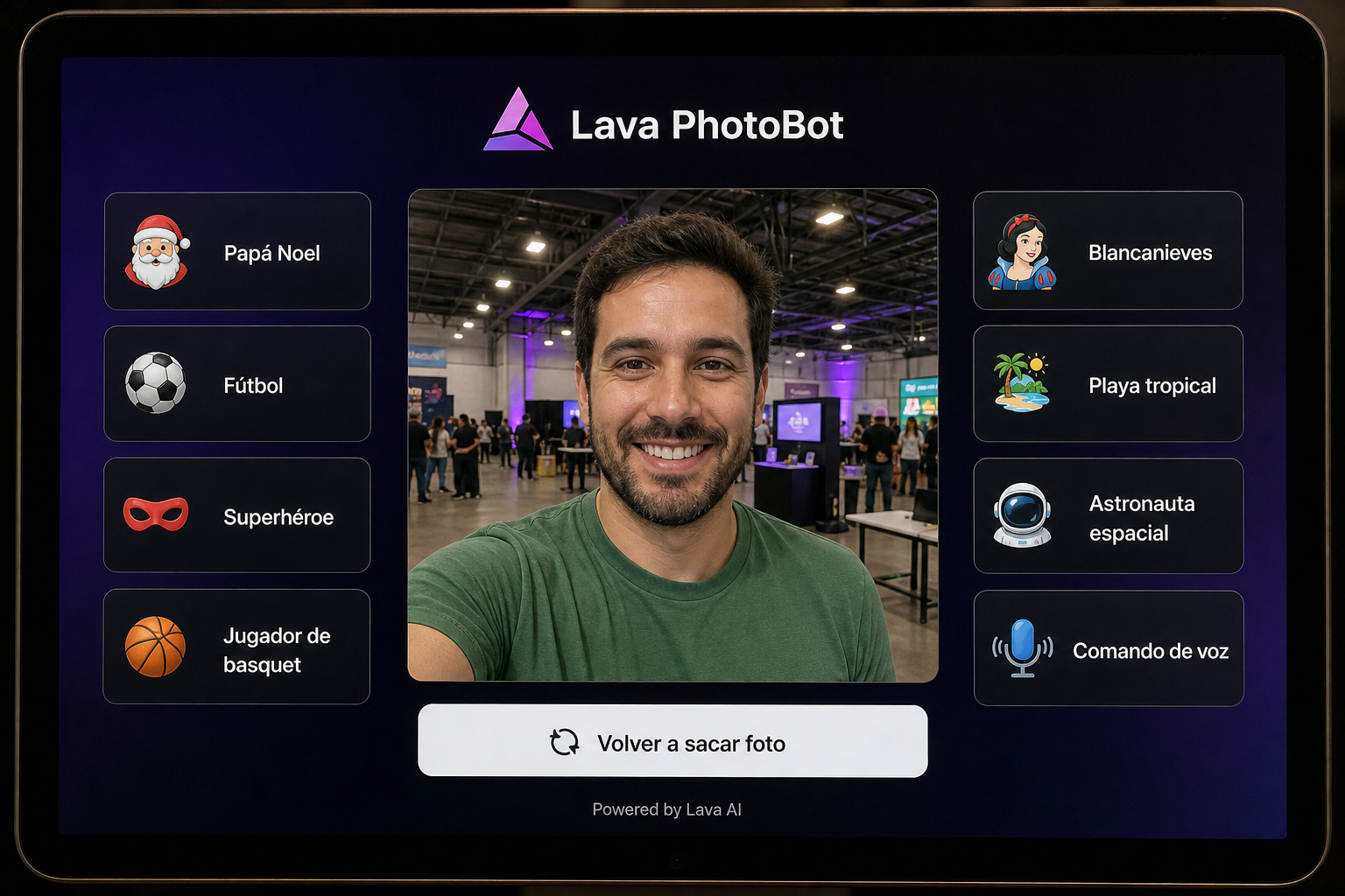 Captura en Lava PhotoBot: webcam, temáticas y botón para volver a sacar la foto.